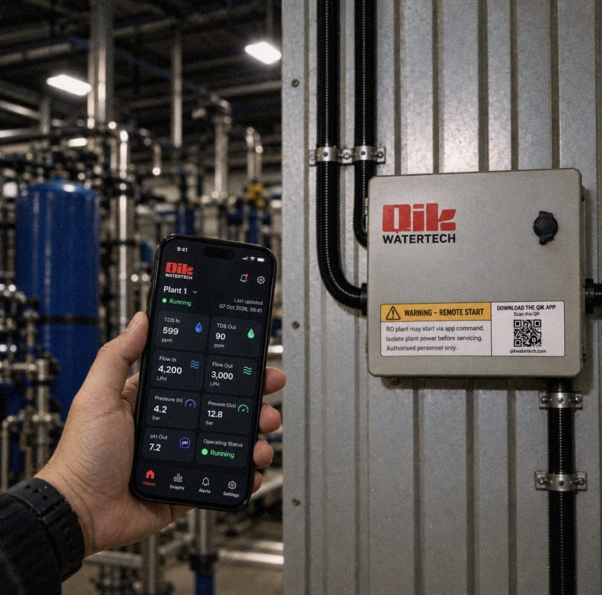 Qik Insights enclosure installed beside an RO plant, with plant readings on the Qik app